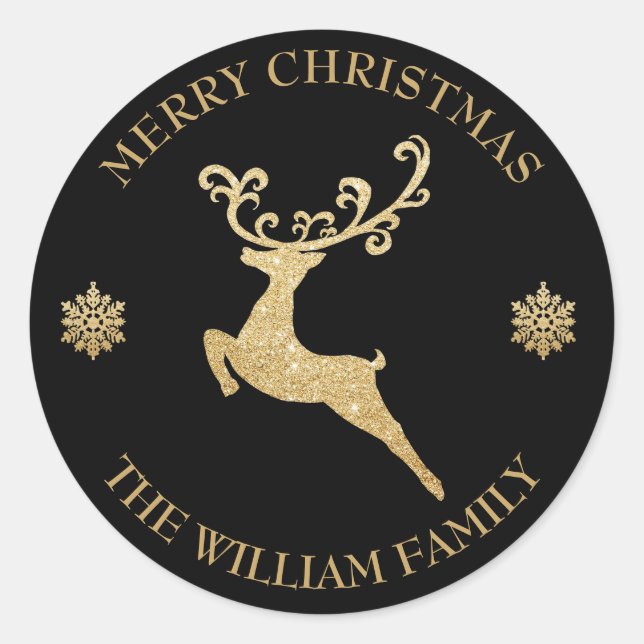 Custom Glitter Gold Reindeer Merry Christmas Classic Round Sticker (Front)