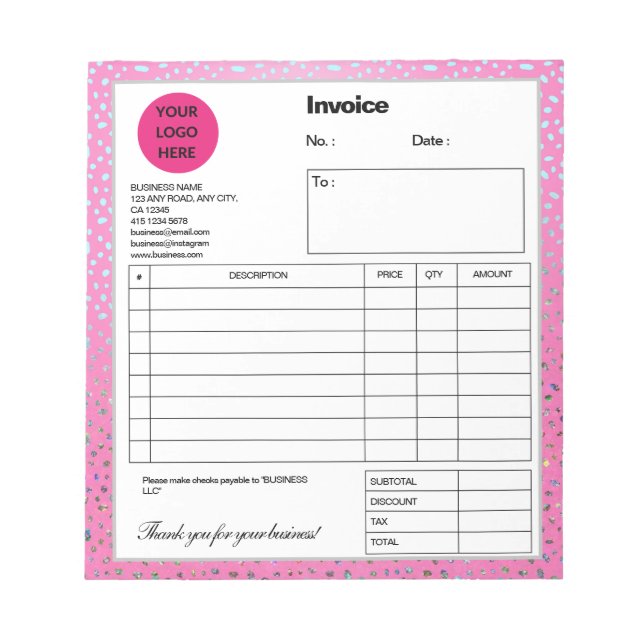 Custom Glitter Pink Cheetah Print Invoice Notepad (Front)
