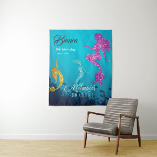 Custom Glittery Mermaid Birthday Backdrop Tapestry
