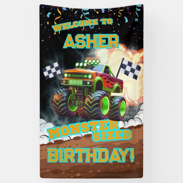 Custom Glowing Orange Monster Truck Boys Birthday Banner (Vertical)