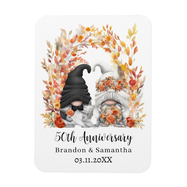 Custom Gnome Autumn Leaf 50th Wedding Anniversary Magnet (Vertical)