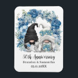 Custom Gnome Blue Flowers 50th Wedding Anniversary Magnet<br><div class="desc">Custom 50th wedding anniversary keepsake magnet with a design featuring a bride and groom gnomes and a blue floral arch illustration. Edit the template with any year and message.</div>
