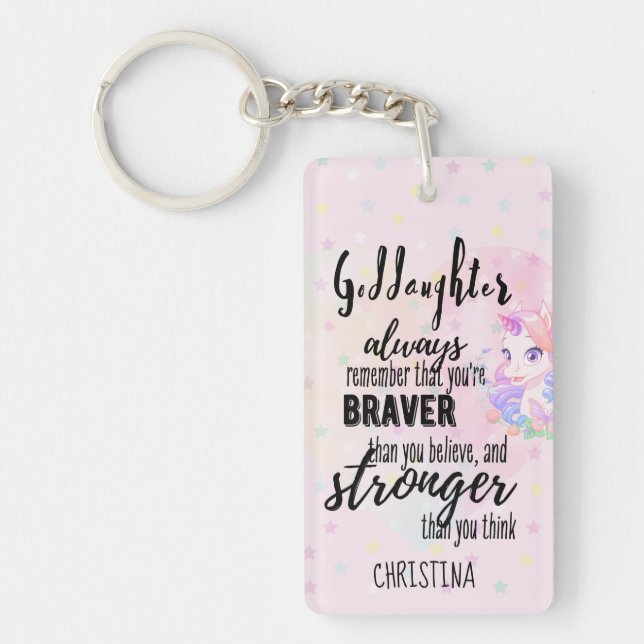 Custom GODDAUGHTER Motivational Quote Pink Unicorn Key Ring (Front)