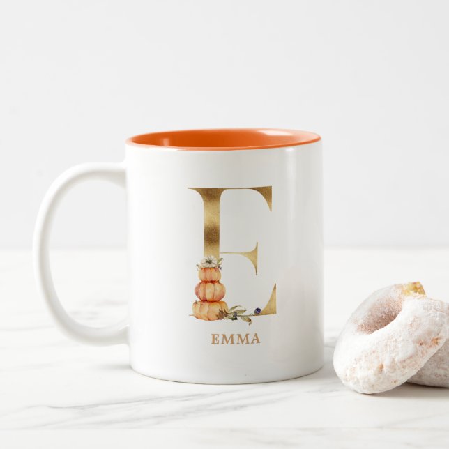 Custom Gold Alphabet E Monogram | Floral Pumpkin Two-Tone Coffee Mug (With Donut)