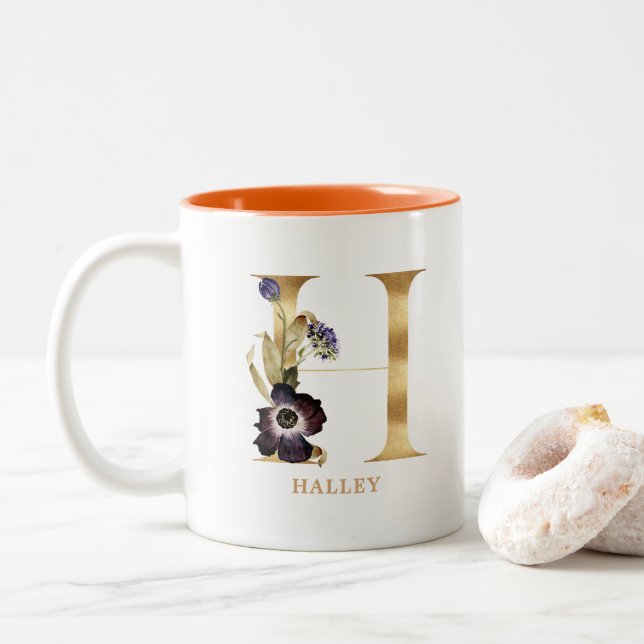 Custom Gold Alphabet H Monogram | Autumn Floral Two-Tone Coffee Mug (With Donut)