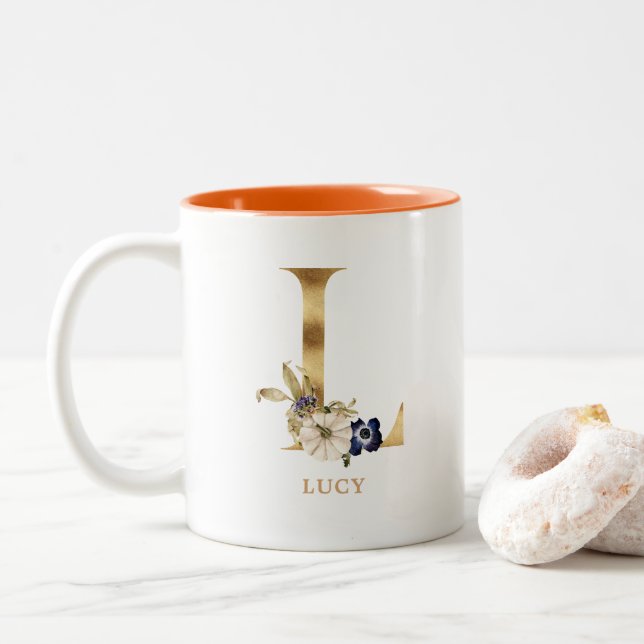 Custom Gold Alphabet L Monogram | Floral Pumpkin Two-Tone Coffee Mug (With Donut)