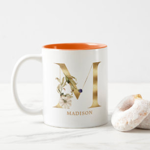 Custom Gold Alphabet M Monogram   Floral Pumpkin Two-Tone Coffee Mug