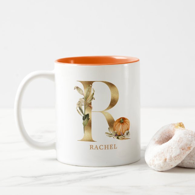 Custom Gold Alphabet R Monogram | Floral Pumpkin Two-Tone Coffee Mug (With Donut)