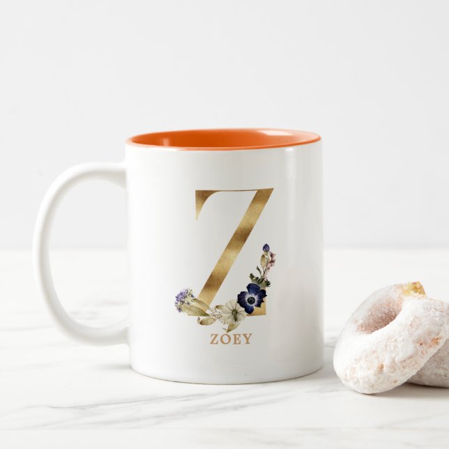 Custom Gold Alphabet Z Monogram | Autumn Floral Two-Tone Coffee Mug (With Donut)