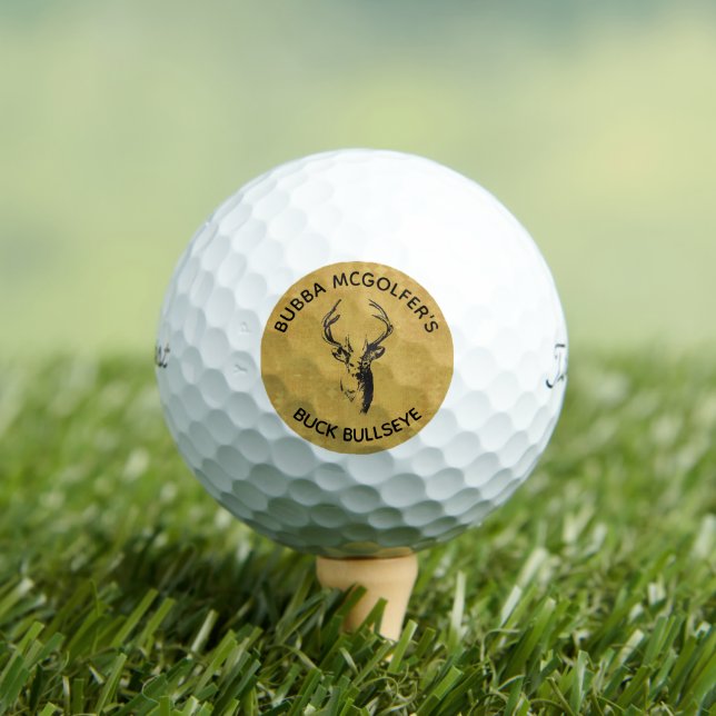 Custom Gold and Black Buck Logo Golf Balls (Insitu Tee)