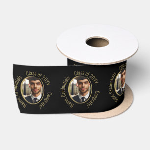 Custom Gold and Black Congrats Graduate with Photo Satin Ribbon