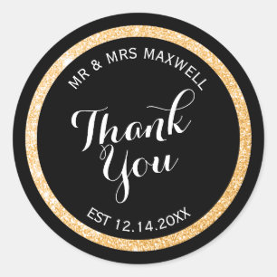 Custom Gold and Black Glitter Thank You Classic Round Sticker