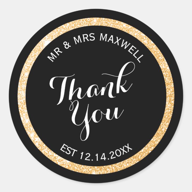 Custom Gold and Black Glitter Thank You Classic Round Sticker (Front)