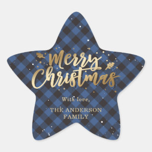 Custom Gold and Blue Buffalo Plaid Merry Christmas Star Sticker