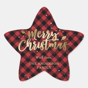 Custom Gold and Red Buffalo Plaid Merry Christmas Star Sticker