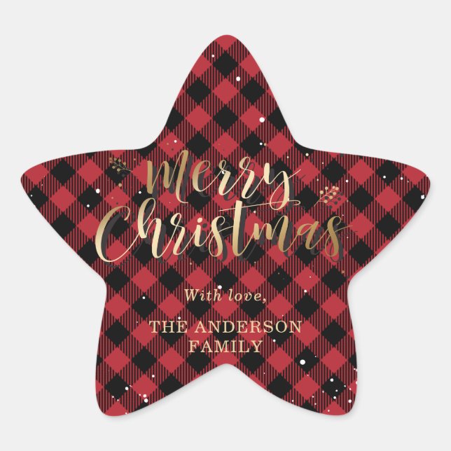 Custom Gold and Red Buffalo Plaid Merry Christmas Star Sticker (Front)