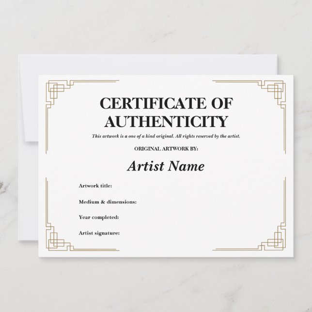 Custom Gold Art Deco Certificate Authenticity Invitation (Front)