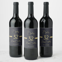 Custom Gold Birthday Name Black Wine Label