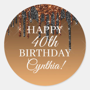 Custom Gold & Black Glitter Drip Happy Birthday Classic Round Sticker