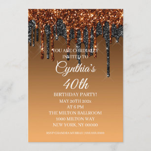 Custom Gold & Black Glitter Drip Happy Birthday Invitation