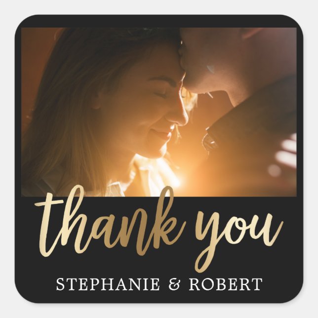 Custom Gold & Black Thank You Script Photo Square Sticker (Front)