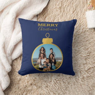 Custom Gold Blue 2 Photo Ornaments Christmas Cushion