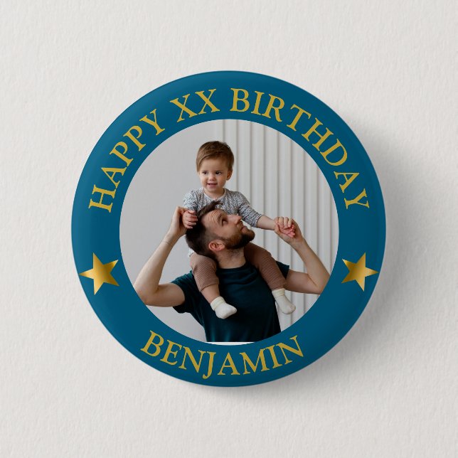  Custom Gold Blue Happy Birthday Photo and Age 6 Cm Round Badge (Front)