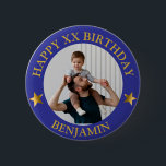 Custom Gold Blue Happy Birthday Photo and Age 6 Cm Round Badge<br><div class="desc">Custom Happy Birthday Photo and Age Name</div>