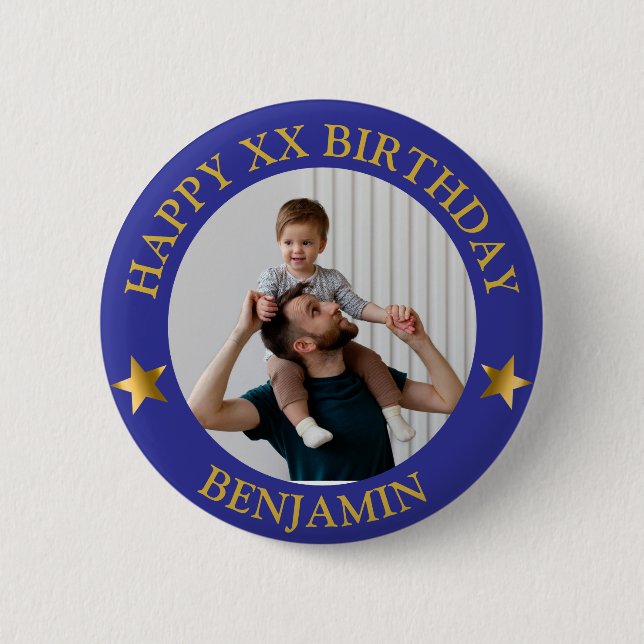  Custom Gold Blue Happy Birthday Photo and Age 6 Cm Round Badge (Front)