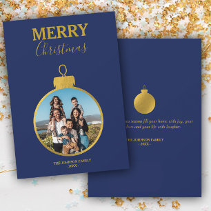 Custom Gold Blue Photo Ornaments Christmas Holiday Card