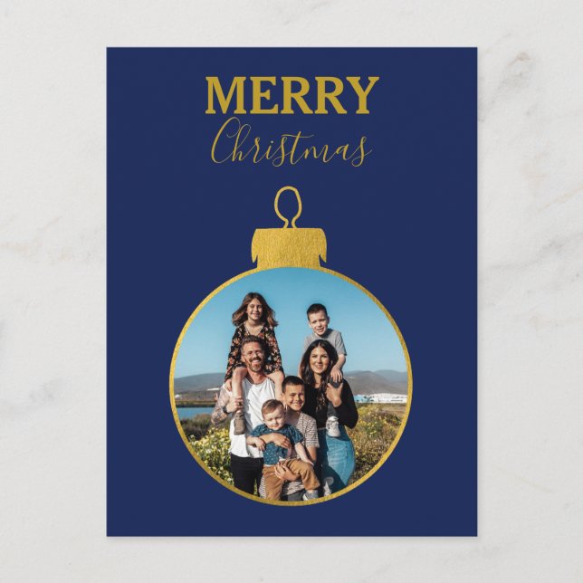 Custom Gold Blue Photo Ornaments Christmas Holiday Postcard (Front)