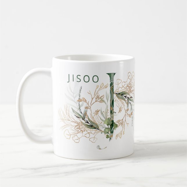 Custom Gold Botanical Eucalyptus Monogram "J" Coffee Mug (Left)
