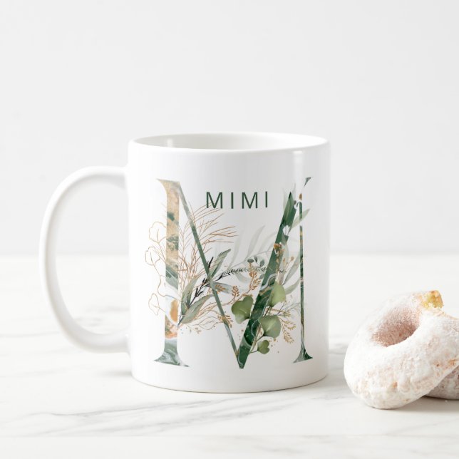 Custom Gold Botanical Eucalyptus Monogram "M" Coffee Mug (With Donut)
