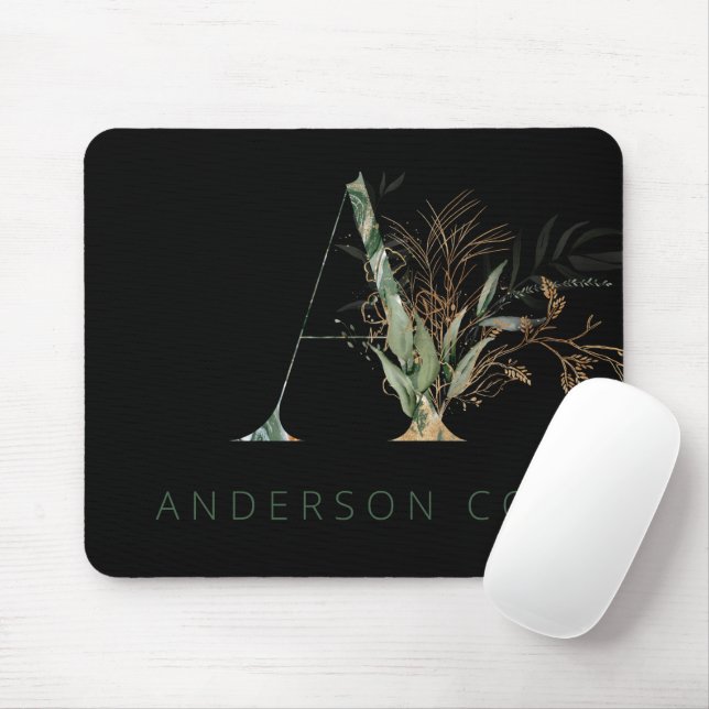 Custom Gold Botanical Eucalyptus Monogram Mouse Mat (With Mouse)
