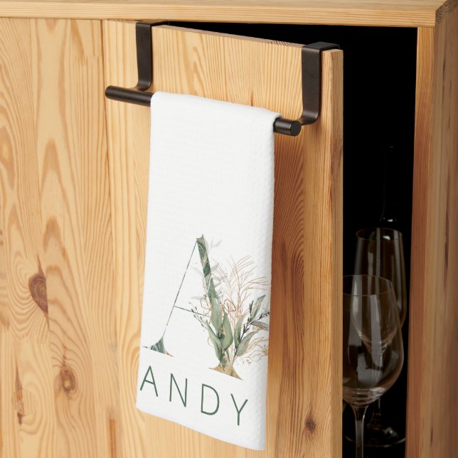 Custom Gold Botanical Eucalyptus Monogram Tea Towel (Thirds Fold)