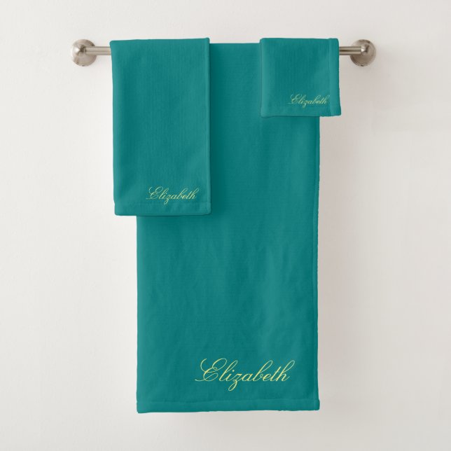 Custom Gold Calligraphy Name Teal Blue Template Bath Towel Set (Insitu)