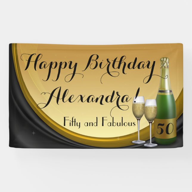 Custom Gold Champagne 50th Birthday Party Banner (Horizontal)