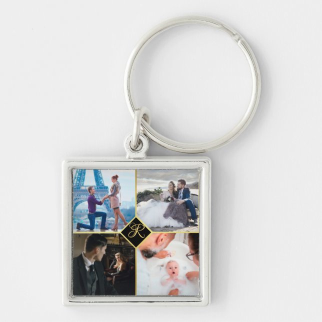 Custom Gold Chic, 4 Family Photo Collage Monogram  Key Ring (Front)