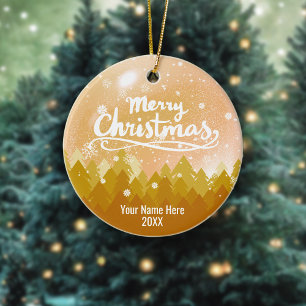 Custom Gold Crystal Snow & Forest Merry Christmas Ceramic Tree Decoration