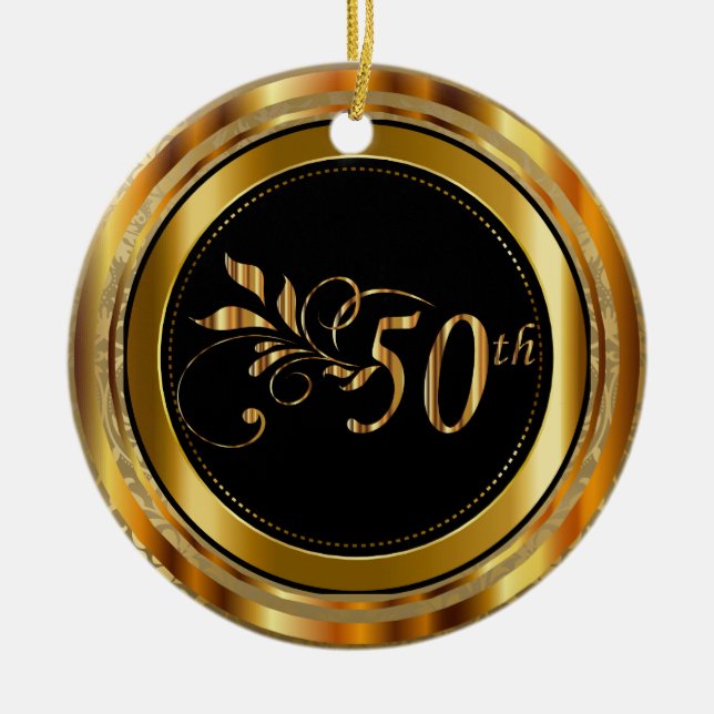 Custom Gold Damask 50th Wedding Anniversary Ceramic Tree Decoration (Front)