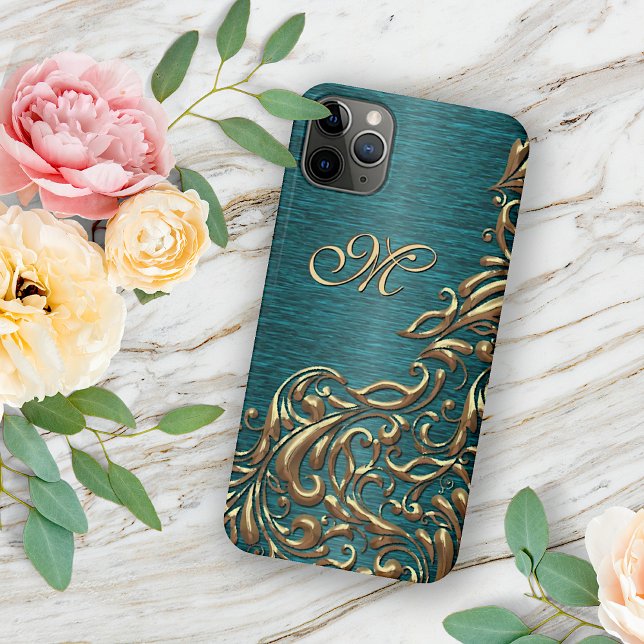 Custom Gold Damask Floral Pattern Teal Blue Green Case-Mate iPhone Case (Creator Uploaded)