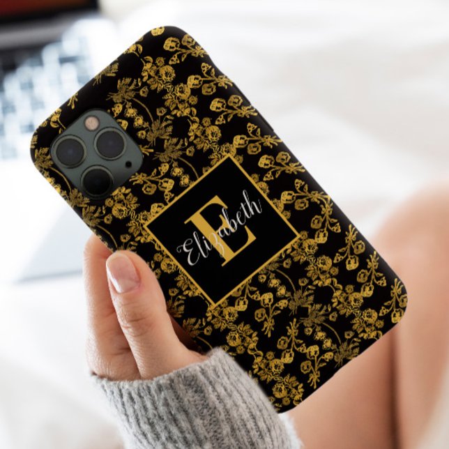 Custom Gold Damask Flower pattern on black Stylish Case-Mate iPhone Case (Creator Uploaded)
