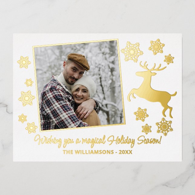 Custom Gold Deer & Snowflakes Gold Foil Holiday Postcard (Front)