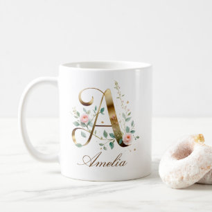 Custom Gold Floral Letter A Monogram Mug