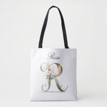 Custom Gold Floral Letter R All-Over Print Tote
