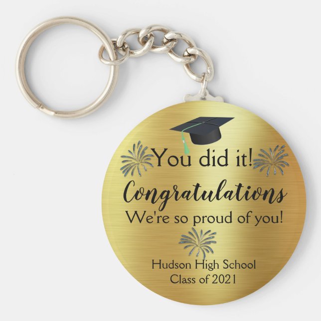 Custom Gold Foil and Fireworks Graduate Key Ring (Front)