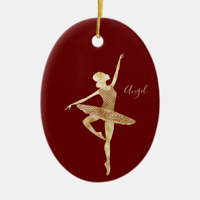 Custom Gold Foil Ballerina Dance Dark Red Ceramic Tree Decoration (Front)