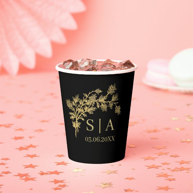 Custom Gold Foil Luxury Botanical Monogram Modern  Paper Cups (Insitu)