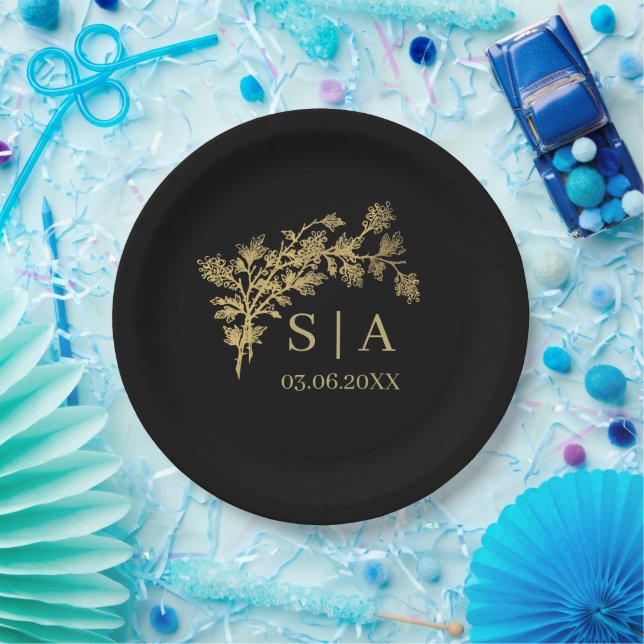 Custom Gold Foil Luxury Botanical Monogram Modern  Paper Plate (Party)