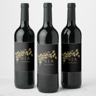 Custom Gold Foil Luxury Botanical Monogram Modern Wine Label